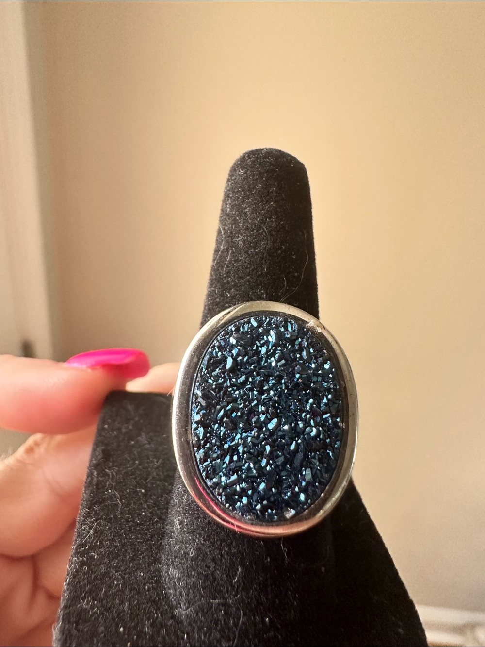 Oval Blue Druzy Quartz in .925 Sterling Silver Bold Statement Ring